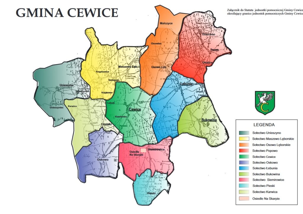 Mapa z podziałem na sołectwa w Gminie Cewice 